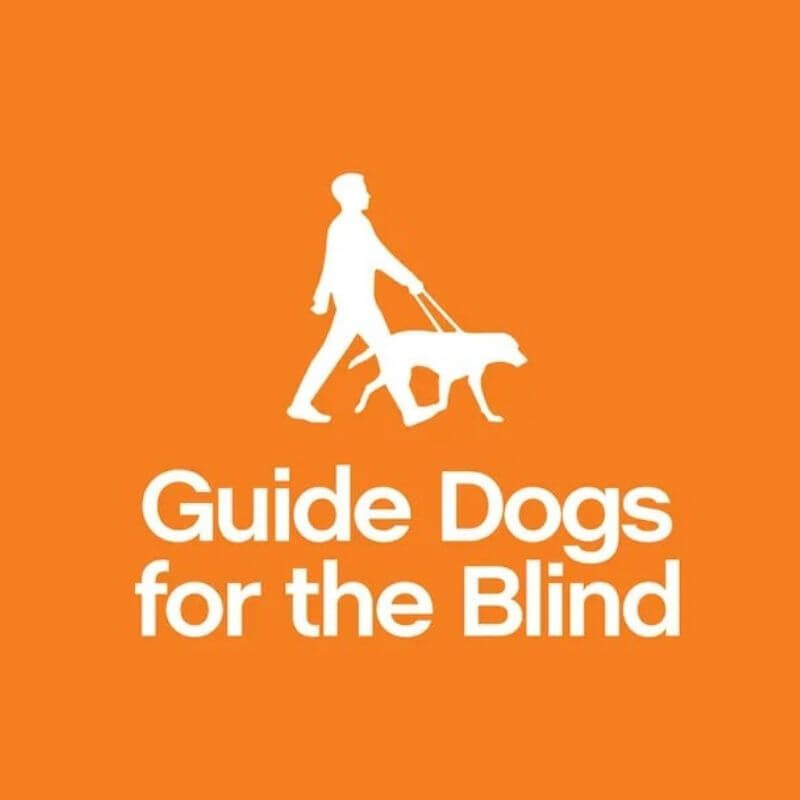 Logo that reads - Guide Dogs for the Blind - on orange background