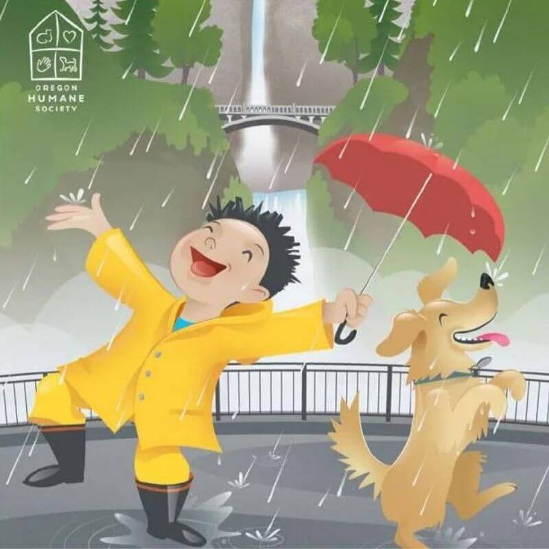 Oregon Humane Society illustration featuring a little boy and dog dancing in the rain